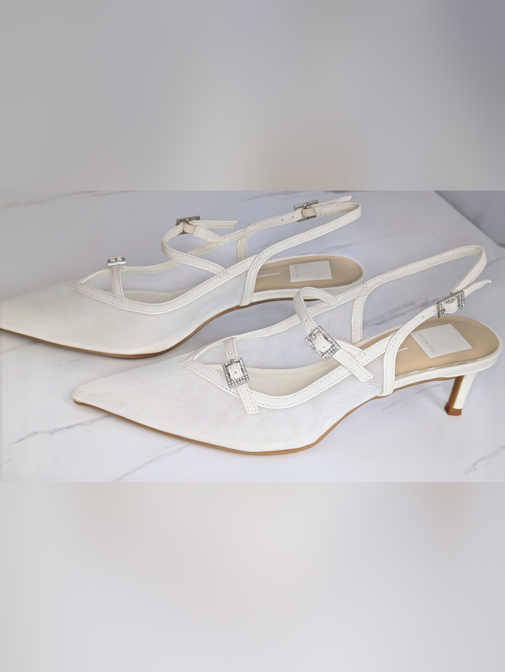 Dolce Vita White Slingback Heels Size 8 Mesh Rhinestone Buckle Pointed Toe NEW